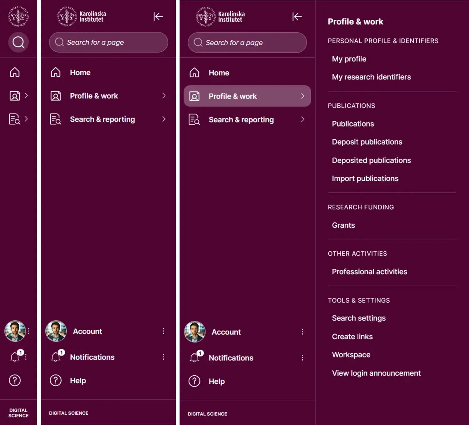 Screenshot of navigation meny KI RIMS 