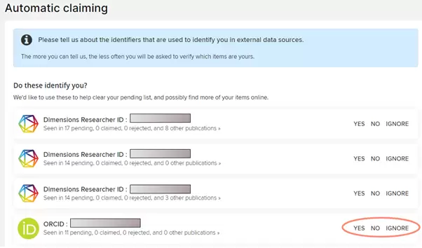 Screen shot of Automatic claiming of researcher ID in KI RIMS