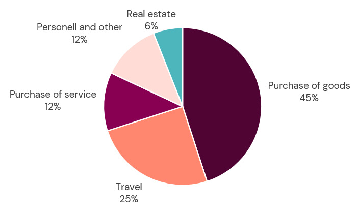 Diagram KI's emissions 2019.  Purchase of goods 45 percent, Travel 25 percent, Purchased services 12 percent, Personnel and other 12 percent, Real estate 6 percent.
