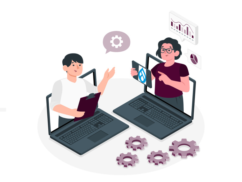 Illustration showing two persons in a digital meeting <a href="https://storyset.com/people">People illustrations by Storyset</a>