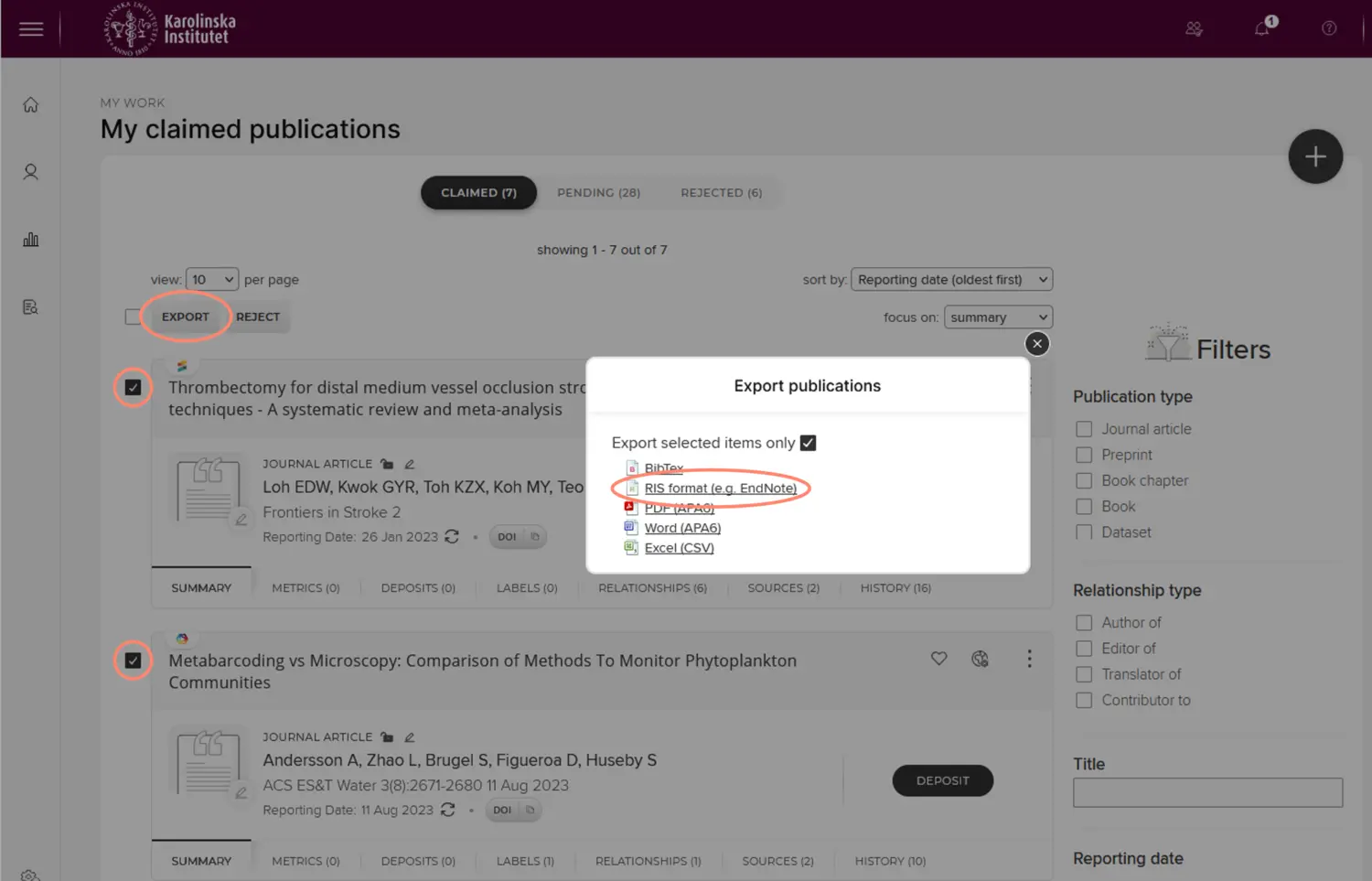 Export publications from KI RIMS to Endnote