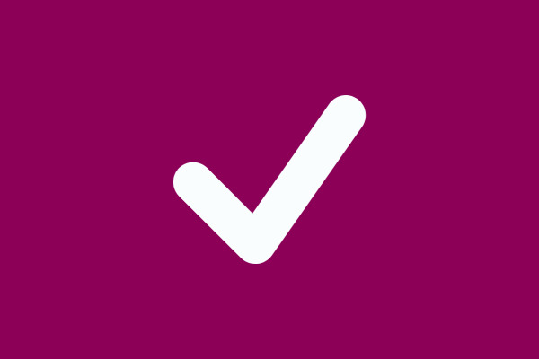 Icon of a check mark to illustrate a check list. Icon is white and the background is plum colored.