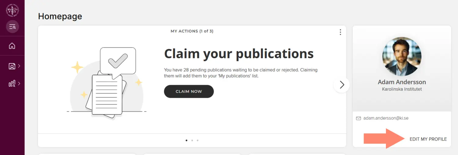 Screenshot showing where to find the Edit my profile link in KI RIMS