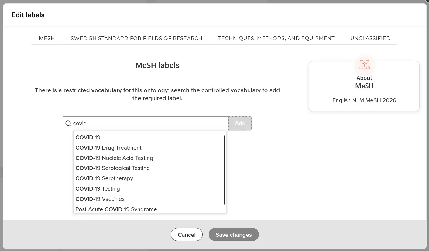 Screenshot showing how to search topics to add to your research group