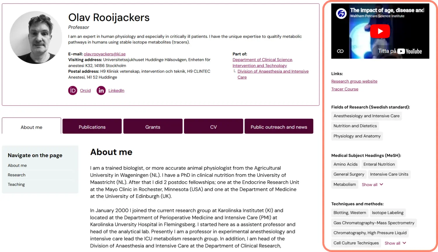 Screenshot of a profile page on ki.se with the right margin highlighted