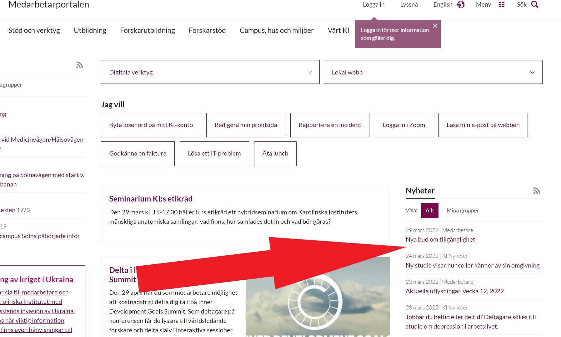 Screenshot from the swedish start page of the Staff portal, with an arrow on the news list