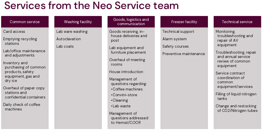 A list of the services provided by the Neo service team