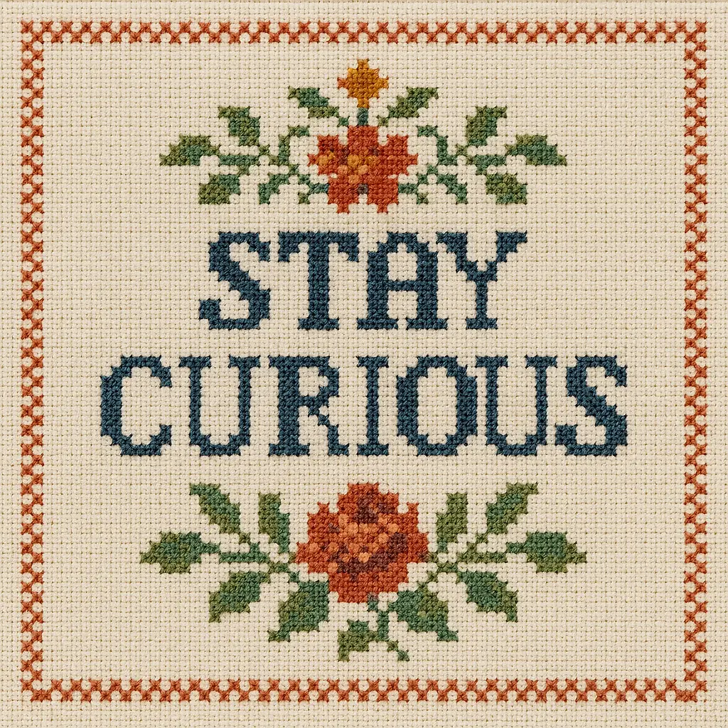 Cross stitch sampler with the words stay curious.