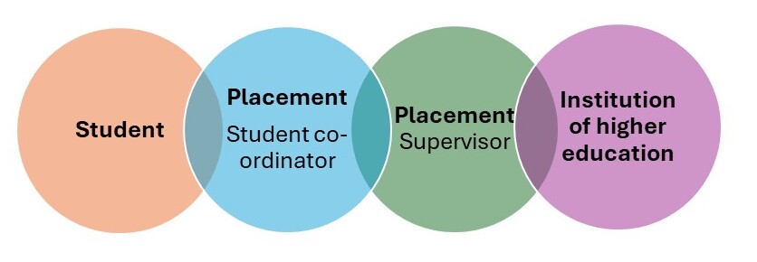 Colourful figures explaining the relationship between the student, the student coordinator and the supervisor concluding with the Institution of higher education.