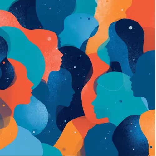Abstract illustration showing overlapping silhouettes of human faces in shades of blue, orange, and red, symbolising diversity and connection.