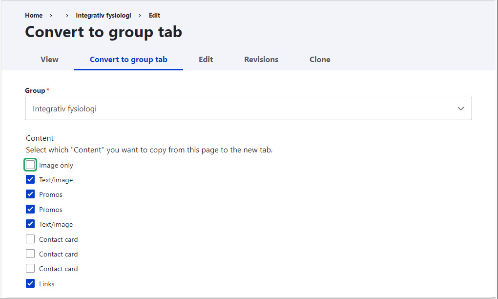 Screenshot showing a detail of Convert to Group tab