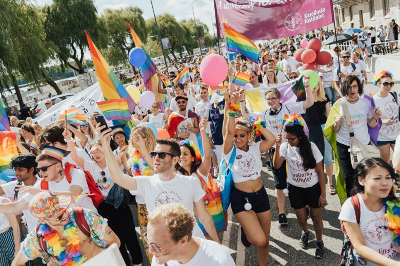 Students and staff walking in the pride parade.