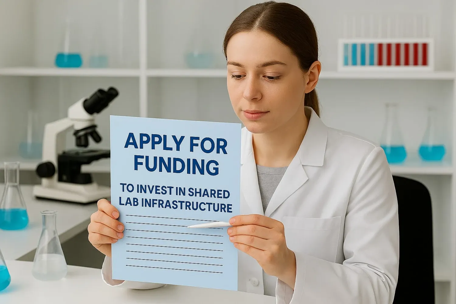 An AI-generated image showing a researcher in a white lab coat looking at a piece of paper on which is written ‘apply for funding to invest in shared infrastructure’
