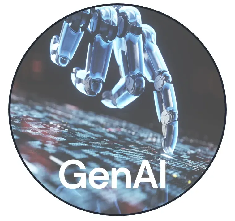 An AI generated image of robot hand pointing to a screen. The image has the text 'GenAI' as an overlay.