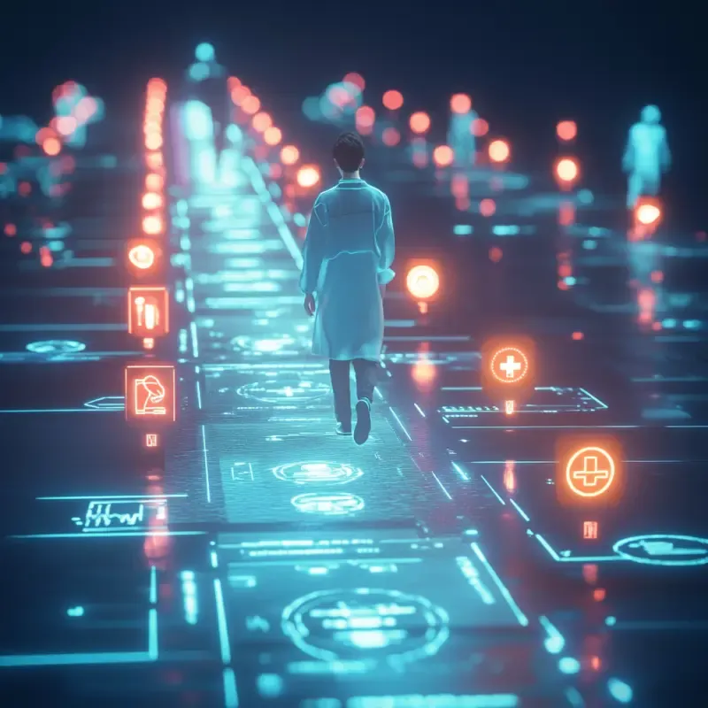 A futuristic scene of a medical trainee walking a glowing pathway, with holographic icons for competencies like 'clinical skills' and 'patient communication' lighting up as they pass.