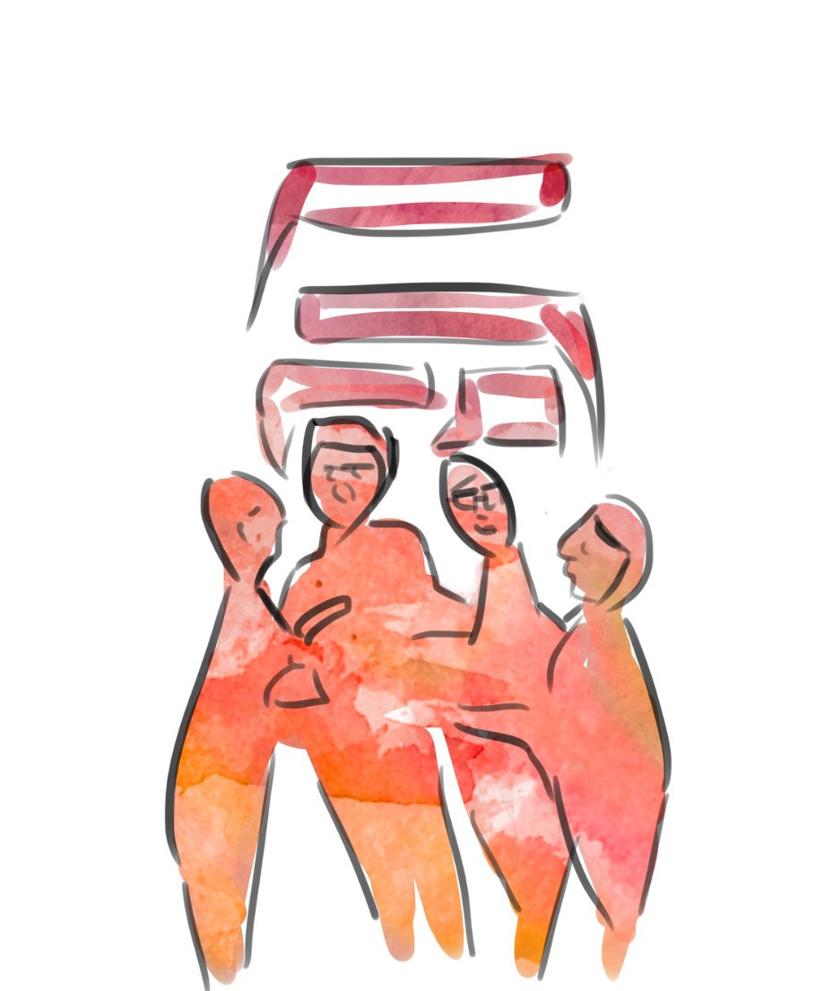 A group of people talking to each other in watercolour.