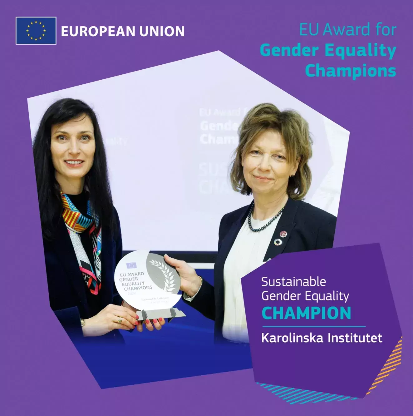 EU Commissioner Mariya Gabriel and KI President Annika Östman Wernerson during the award ceremony for the EU Gender Equality Champions.
