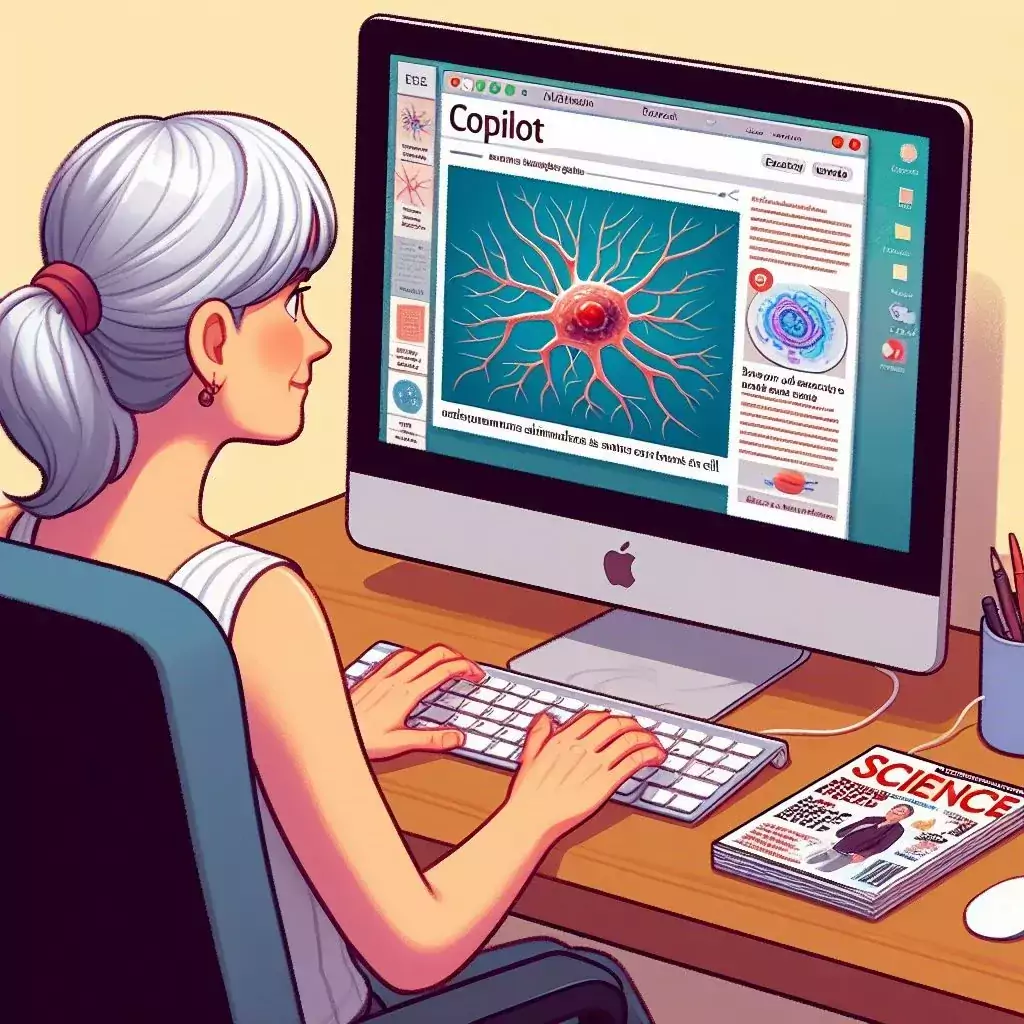A middle-aged woman sitting in front of a desk with a computer screen. On the computer screen, you can see that she is using Copilot to summarize a scientific article.