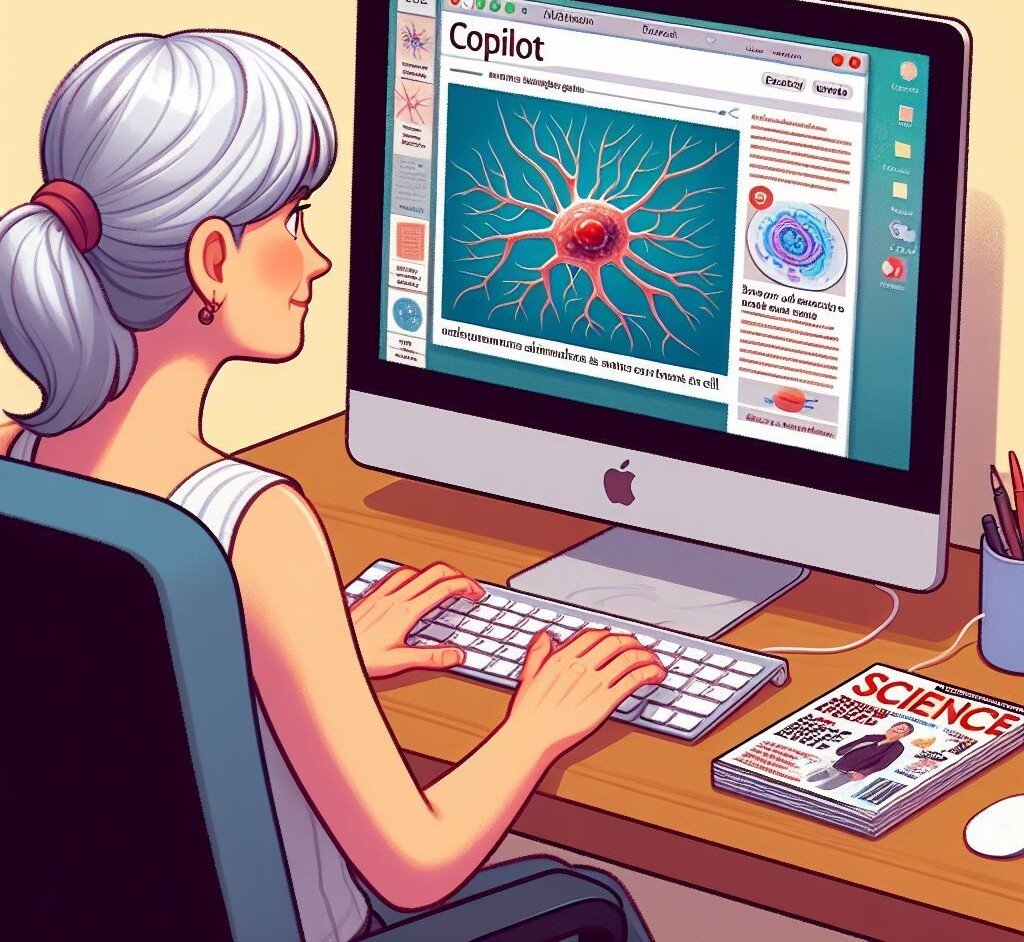 A middle-aged woman sitting in front of a desk with a computer screen. On the computer screen, you can see that she is using Copilot to summarize a scientific article.