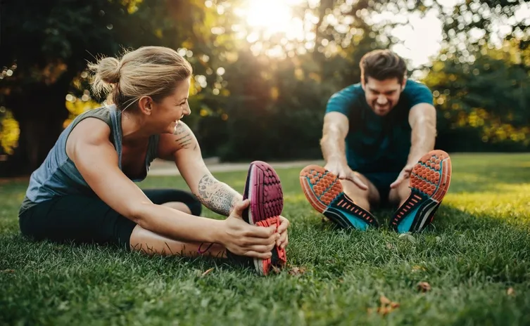 Man and woman warming up for a run.