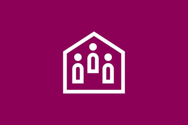 Illustration of a house with three people in it. The background is plum and the icons are white.