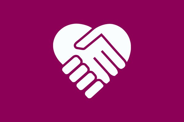 Illustration of two hands holding each other forming a heart. Background is plum colored and icon is white.