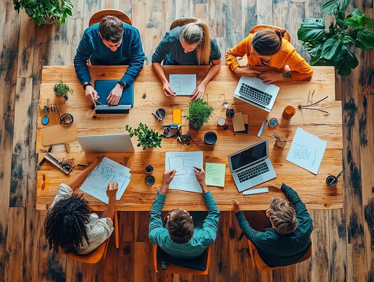A group of people redesign a curriculum at a table, surrounded by pen, paper, whiteboard and computer.