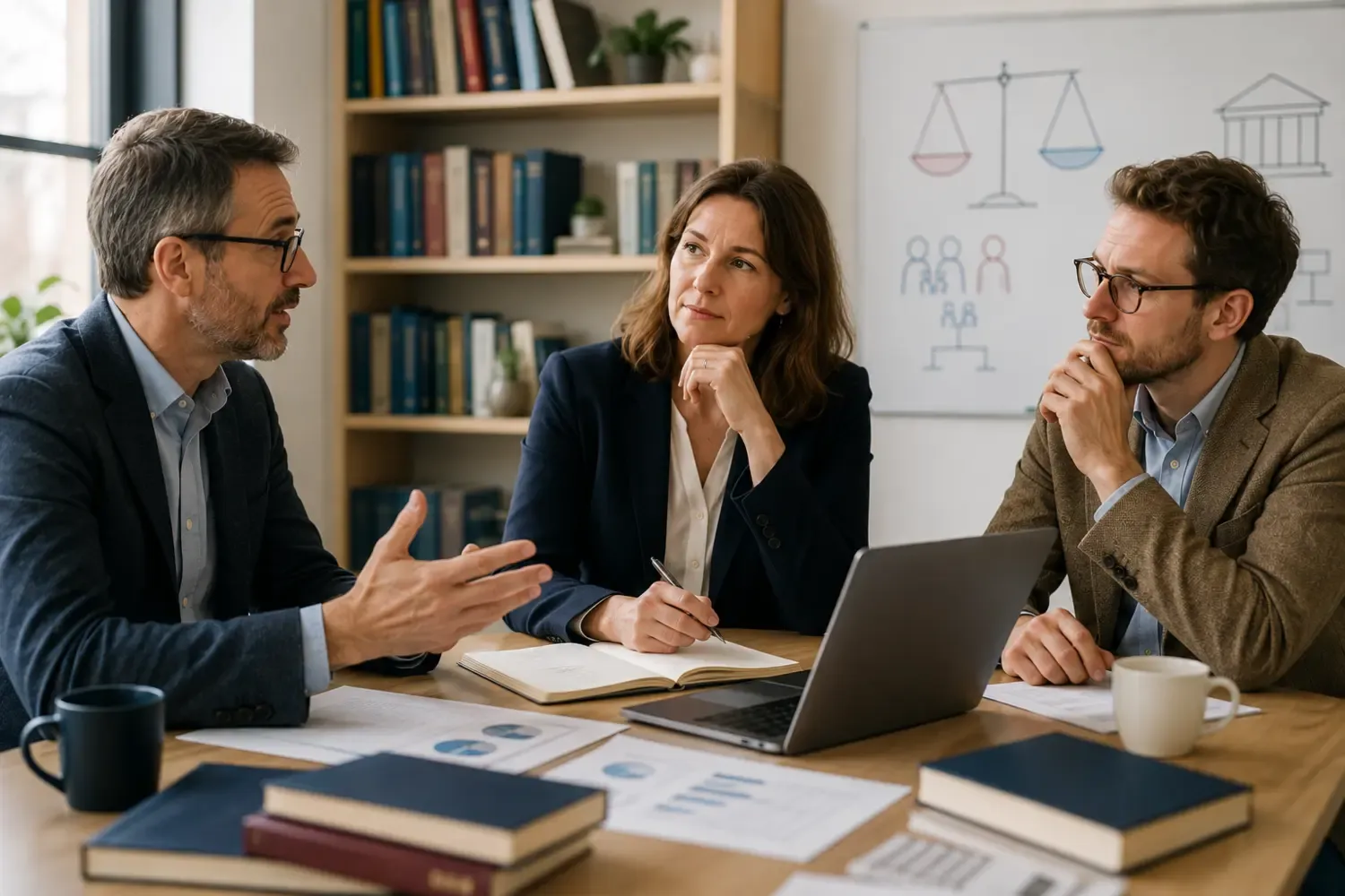 AI-generated image of two men and a woman sitting at a table discussing.
