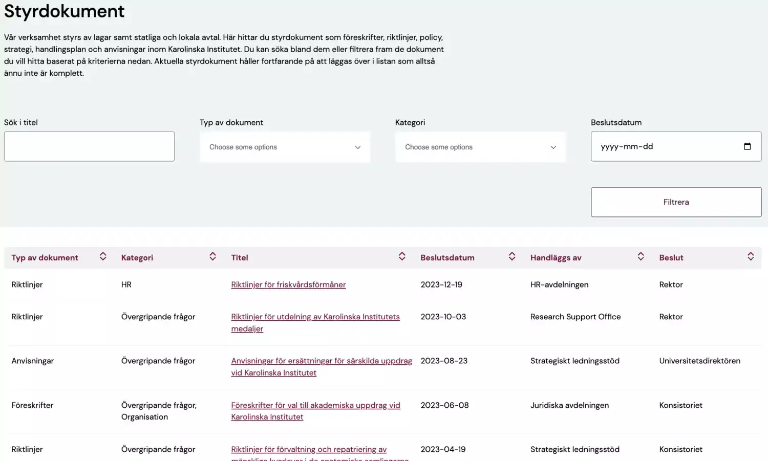 The page for regulatory documents