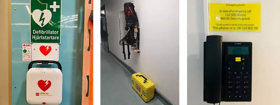 Image of defibrillator, rescue equipment and emergency telephone in ANA Futura's freezer facility.