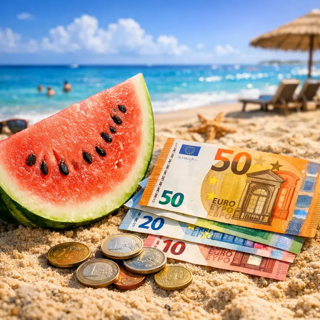 An AI-generated image depicting a slice of watermelon lying on a sandy beach alongside euro banknotes and coins.