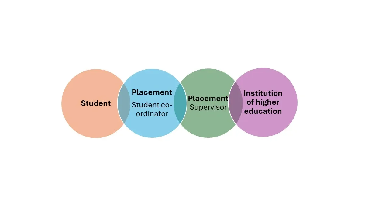 Colourful figures explaining the relationship between the student, the student coordinator and the supervisor concluding with the Institution of higher education.