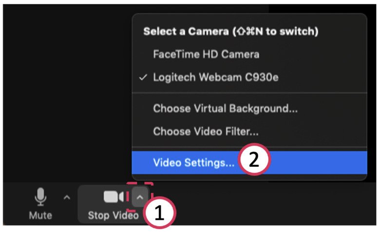 A screen that shows how to find the video settings in Zoom by first clicking on the ^ symbol that is within the stop / start video button, and then on Video settings