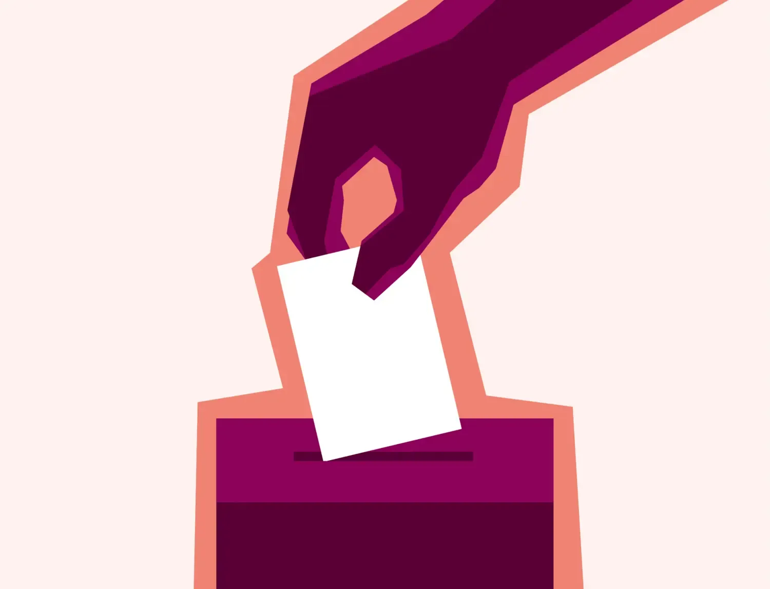 Graphic showing a hand dropping a ballot paper into a box in KI's profile colours: plum and orange.