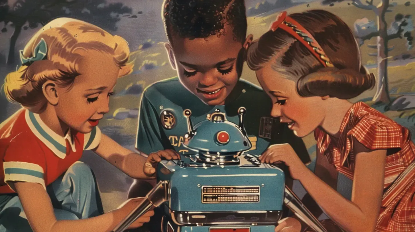Three children play together with a tin robot