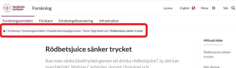 Screen shot of the breadcrumbs on a page on the website ki.se