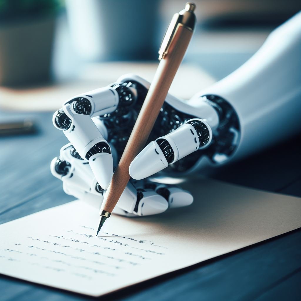 A robot hand with black joints, resting on a wooden desk, holds a gold pen and writes on cream-colored paper in an office setting.