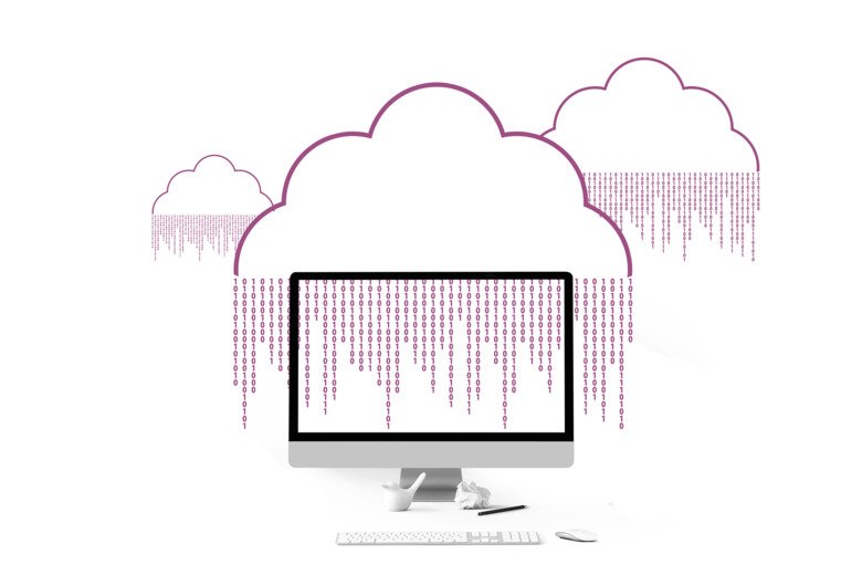 Illustration of digital information in the form of numbers in a cloud over a computer screen.