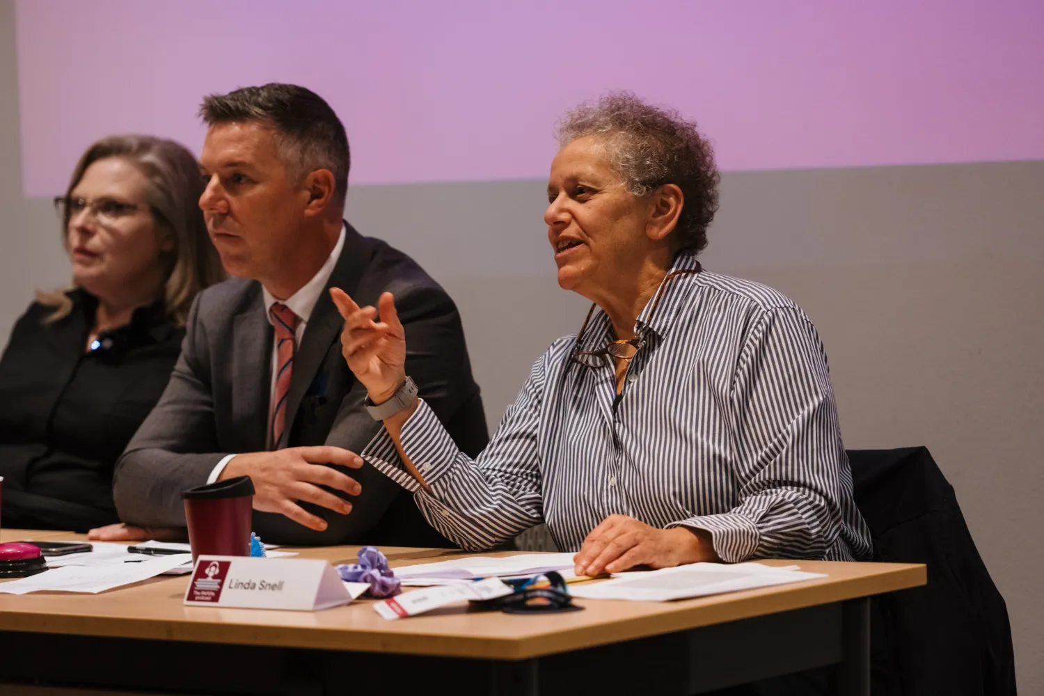 Lara Varpio, Jonathan Sherbino and Linda Snell sitting together at a conference table in the middle of a discussion.