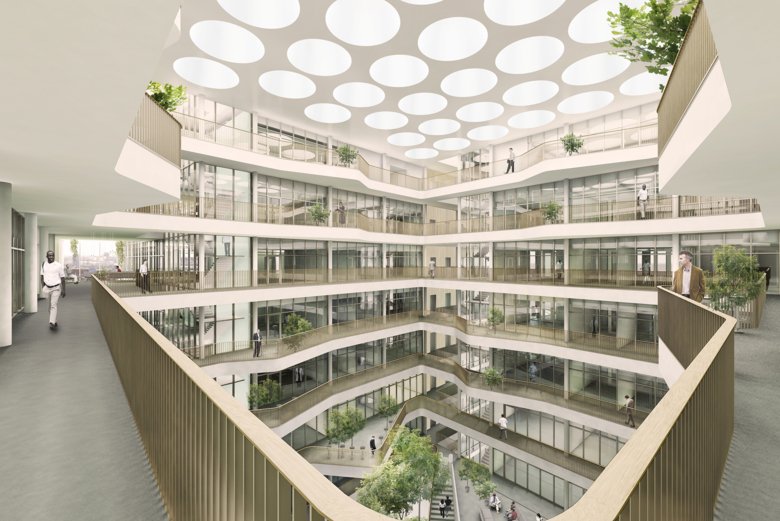 Atrium view of Biomedicum showing floors and roof.