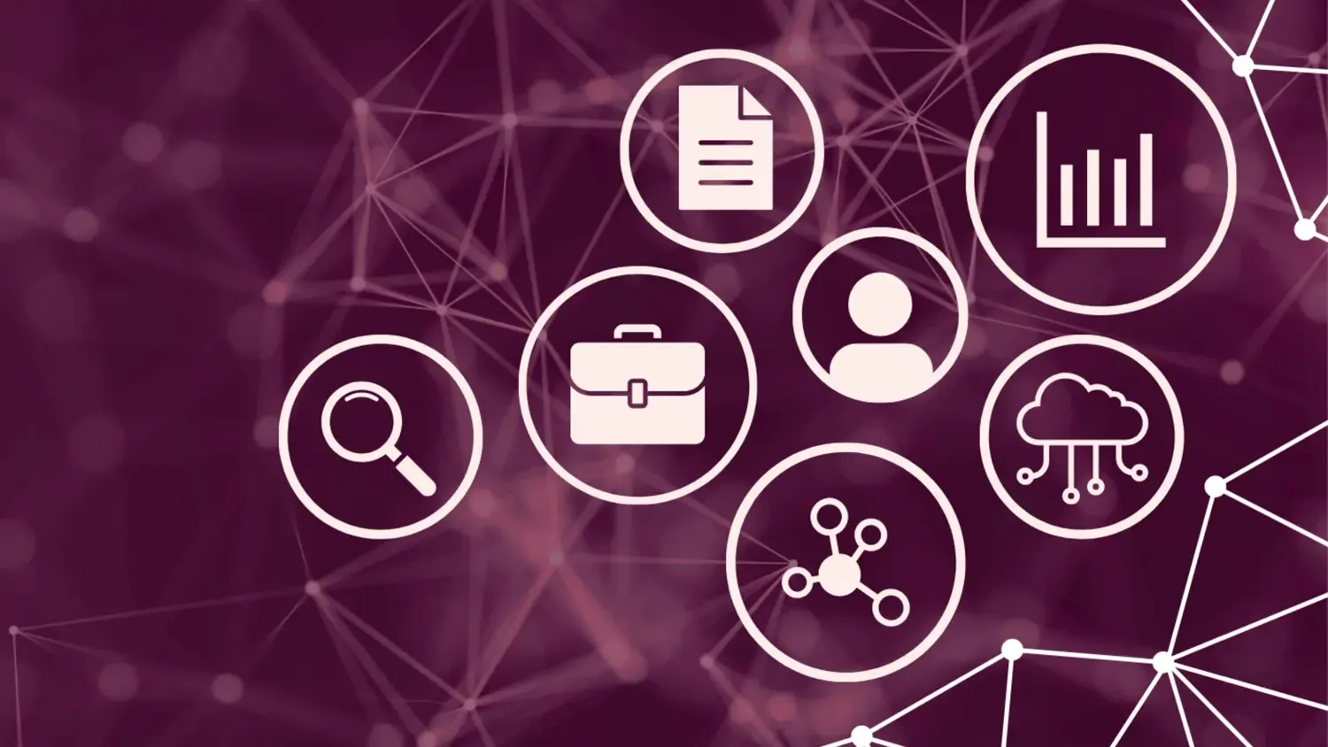 Illustration for KI RIMS || Illustration with a node network in the background and seven icons symbolizing features in RIMS.