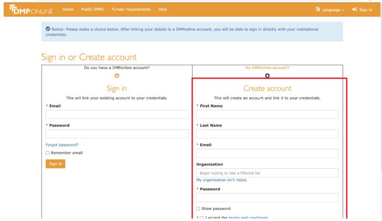 DMPonline account creation