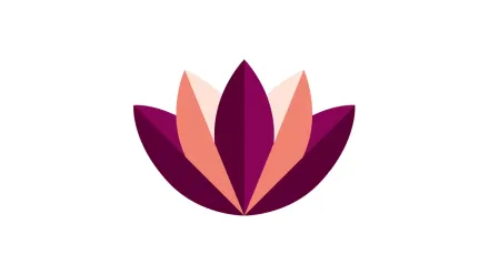 A graphic shape resembling a water lily with pointed petals in KI's profile colour plum purple and lighter shades.