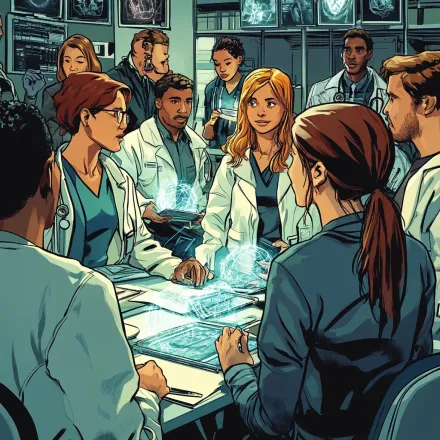 Medical staff collaborate around a hologram