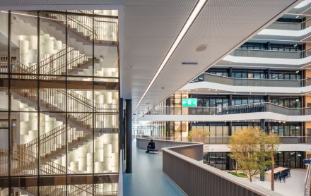 View over stairwell, corridor and atrium.