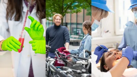 collage to illustrate KI's activities with hands in a lab, students on bicycles, and dental examinations