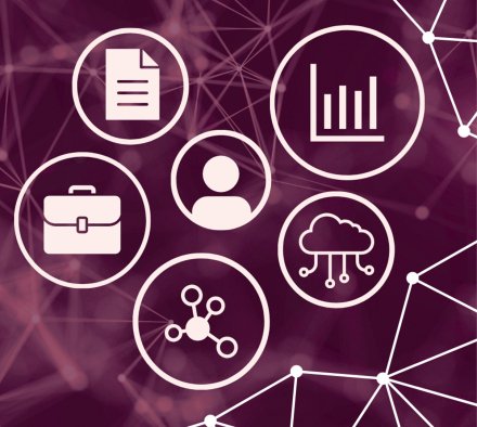 Illustration for KI RIMS || Illustration with a node network in the background and seven icons symbolizing features in RIMS.