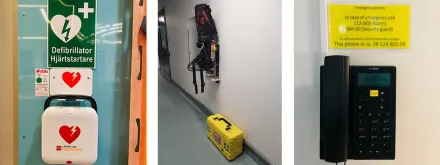 Image of defibrillator, rescue equipment and emergency telephone in ANA Futura's freezer facility.