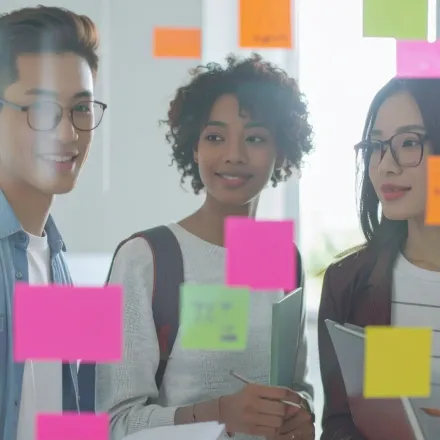 Student standing in front of post-its